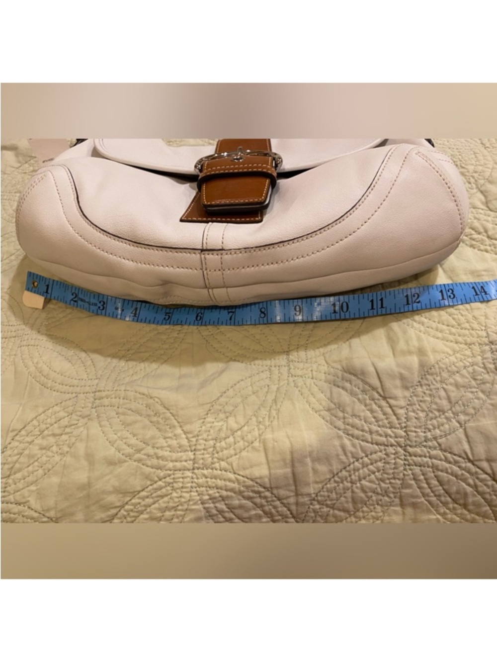 Coach White SoHo Leather Shoulder Bag with Brown Trim and Buckle - Picture 10 of 14